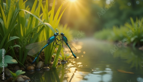 Dragonflies Mating by the Water's Edge at Sunset
