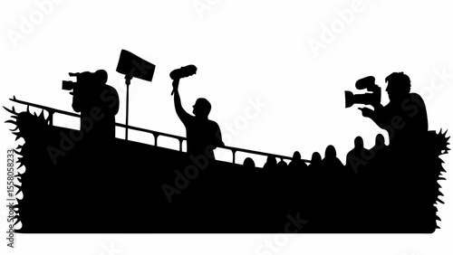 Silhouette of a crowd with a man waving, cameramen, and a spotlight on a decorated platform