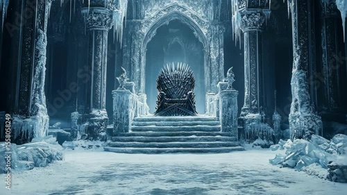 A majestic frozen throne in an eerie, ice-covered palace.
