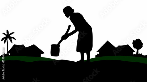 Silhouette of woman grinding with mortar and pestle near houses and palm tree in village scene