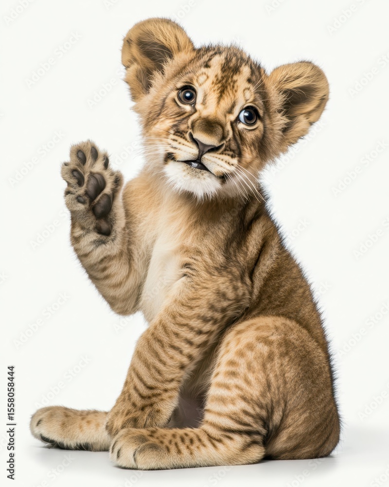 Playful Lion Cub Waving Paw on White Background Playful Lion Cub Waving Paw on White Background