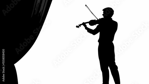 Silhouette of violinist playing violin on stage with curtain in black and white minimalist illustration