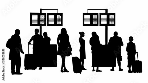 Silhouettes of passengers with luggage standing in line at airport check in counters and flight boards