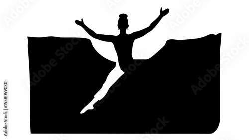 Silhouette of a woman with arms raised jumping over a black shape on a white background artwork style