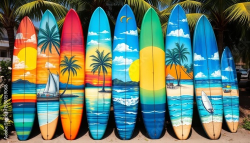 Vibrant hand-painted surfboards depicting tropical beach scenes, displayed naturally outdoors,   texture,   outdoor