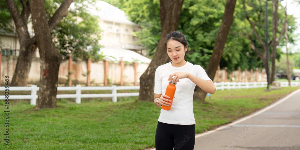 Active Lifestyle and Hydration. Young woman opening orange water bottle while walking in park. Active Lifestyle and Hydration. Young woman opening orange water bottle while walking in park.