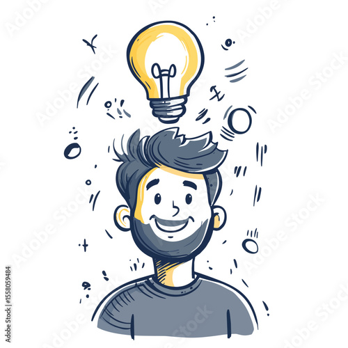 Moment of a bright idea - a man with a light bulb above his head. Doodle line style, vector style simple color