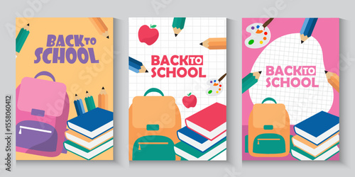 Welcome back to school clipart poster, cards, bannner set design. Back to school greeting cover collection in paper colorful grid space background with educational flat elements and  copy space.