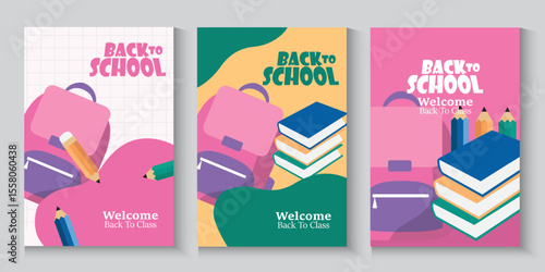 Welcome back to school clipart poster, cards, bannner set design. Back to school greeting cover collection in paper colorful grid space background with educational flat elements and  copy space.