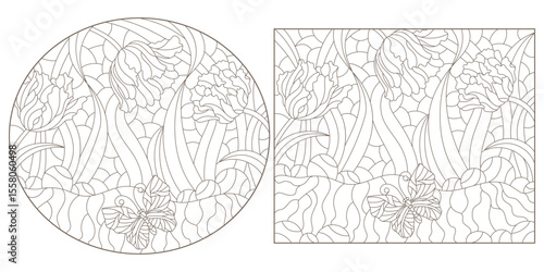 Set of contour illustrations in the style of stained glass with butterflies and tulips, dark outlines on a white background