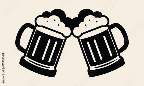 Beer mug silhouette vector, Two clinking beer mugs icon vector illustration