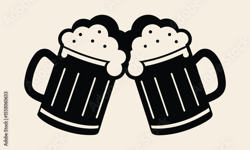 Beer mug silhouette vector, Two clinking beer mugs icon vector illustration