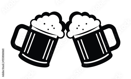 Beer mug silhouette vector, Two clinking beer mugs icon vector illustration