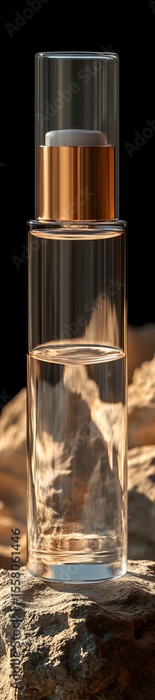 Luxury perfume bottle mockup with gold cap on textured rock
Luxury perfume bottle mockup with gold cap on textured rock