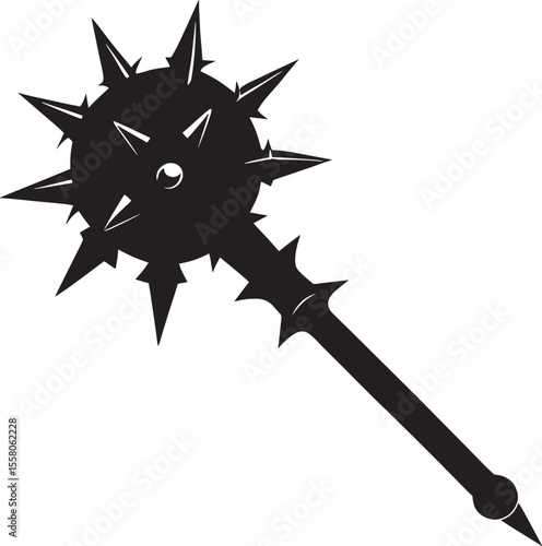 Black silhouette of a medieval spiked mace weapon isolated on white background