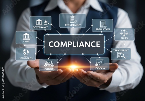 Compliance rules law regulation policy business. Businessman hold virtual compliance icons for enforcement of laws, regulations, and standards.