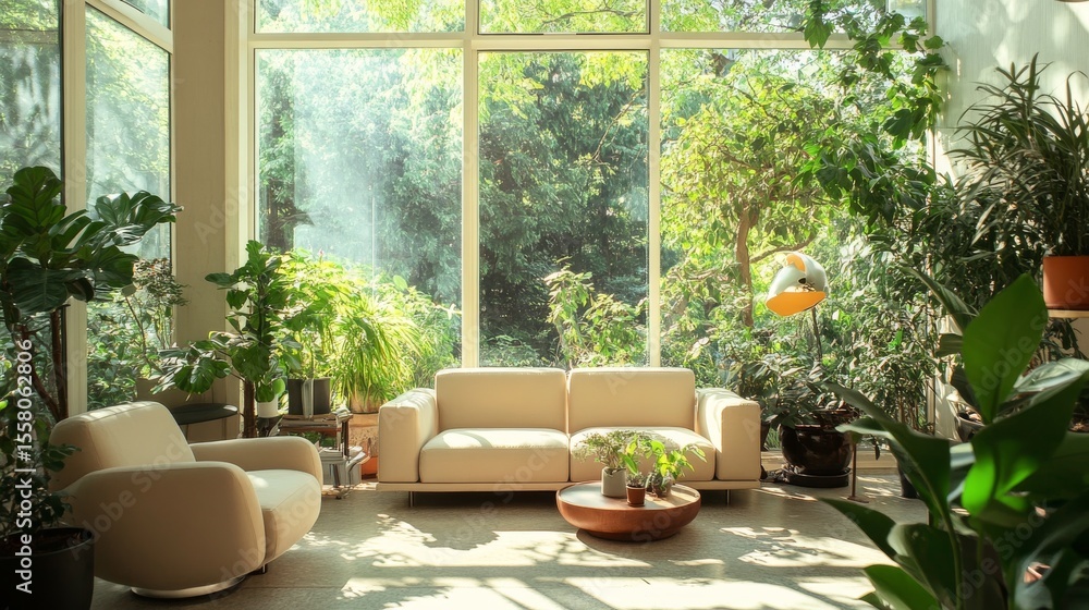 Fototapeta premium 16.A fresh and homely living room featuring a minimalist design with sleek furniture in neutral tones, a variety of indoor plants, and an open, sunlit atmosphere framed by expansive glass windows.