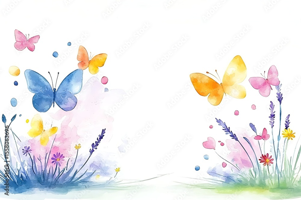 Fototapeta premium Elegant Watercolor Butterflies and Flowers with Soft Pastel Colors in Scenic Background