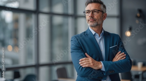 Portrait motivated executive confident senior business man specialist looking dreaming at copy space. Insipired mature middle age boss, leader, ceo male businessman in office