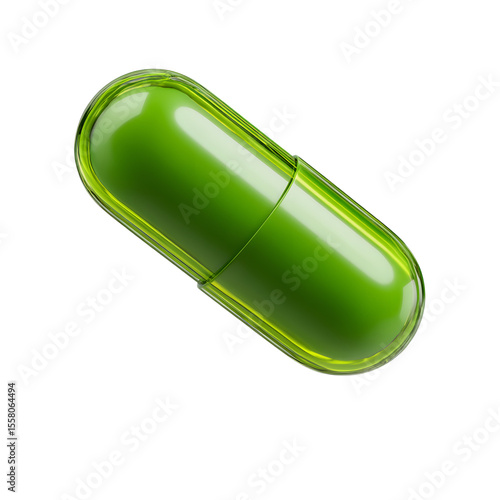 A vibrant glossy green capsule shaped medication floating in a minimalist studio like setting against a clean white background