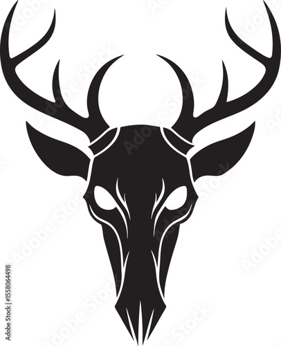 Stylized black deer skull silhouette with antlers isolated on white background