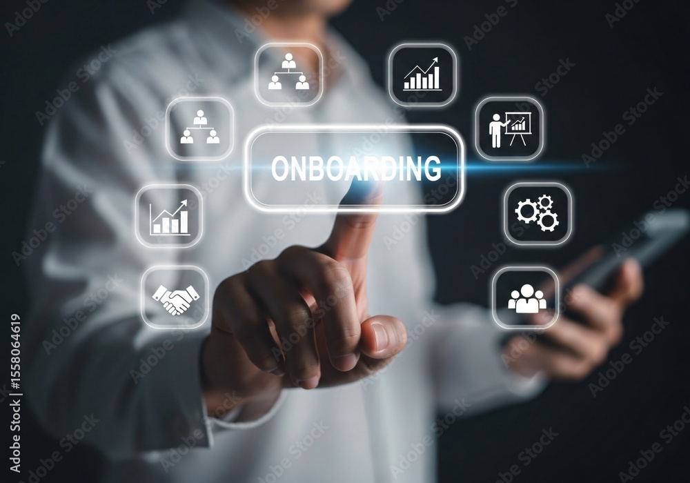 Onboarding business process concept. Businessman touch virtual onboarding icon for making sure new employees can hit the ground running with their new team. Onboarding business process concept. Businessman touch virtual onboarding icon for making sure new employees can hit the ground running with their new team.