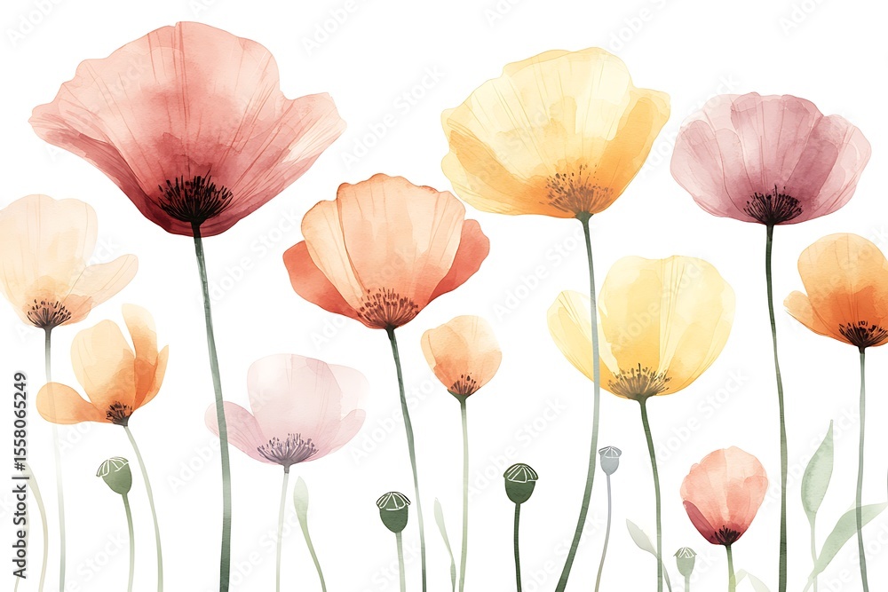 Obraz premium Elegant Watercolor Flower Arrangement with Various Colors and Shapes on a White Background
