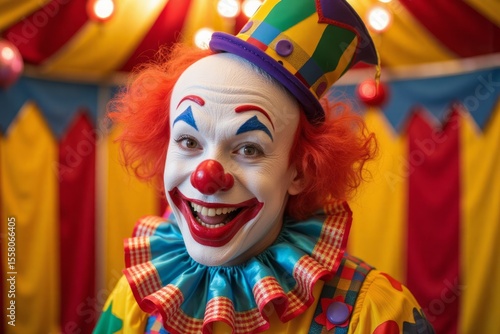Cheerful clown smiles in a circus setting.