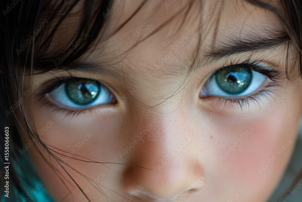 Close up of girl's blue eyes with freckles and soft lighting Close up of girl's blue eyes with freckles and soft lighting
