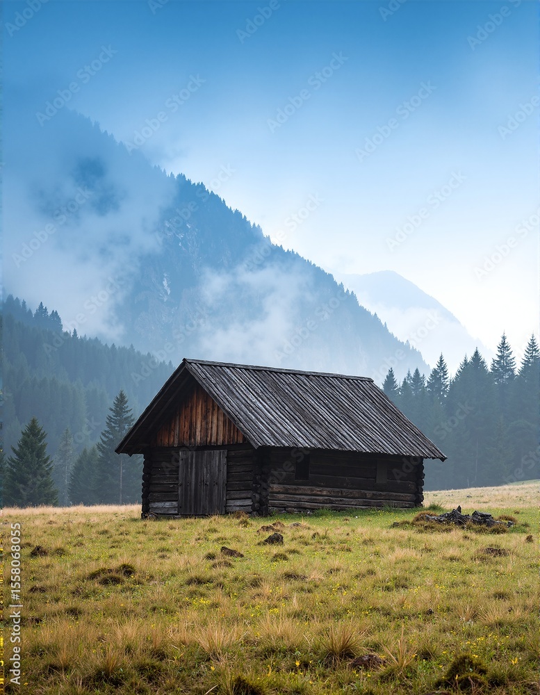 A quaint, rustic cabin nestled in a vast, open field, surrounded by wildflowers and tall grass, under a clear blue sky with fluffy white clouds. A quaint, rustic cabin nestled in a vast, open field, surrounded by wildflowers and tall grass, under a clear blue sky with fluffy white clouds.
