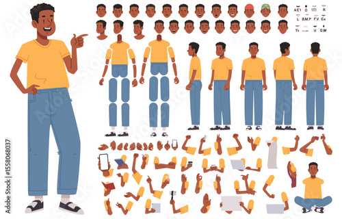 Constructor of character happy black guy. Young man. Student or volunteer. Set of hands legs and body positions for creating animation and your own illustrations. DIY kit. Vector illustration