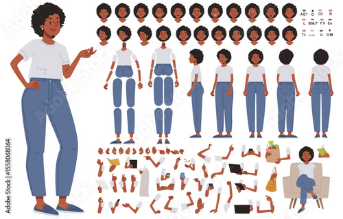 Constructor of character cute dark skinned girl. Young woman, student or volunteer. Set of hands legs body and head positions for creating animation and own illustrations. DIY kit. Vector illustration