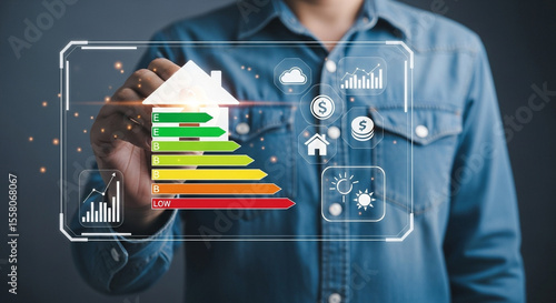 Wallpaper Mural Person pointing at house energy efficiency rating chart on transparent screen interface display Torontodigital.ca
