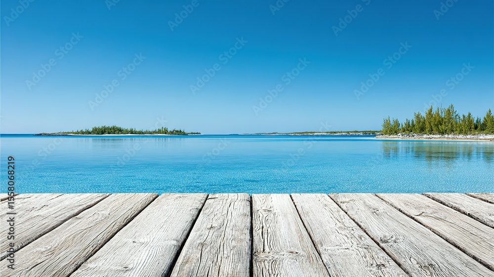 Fototapeta premium Tranquil waters meet a weathered wooden dock.
