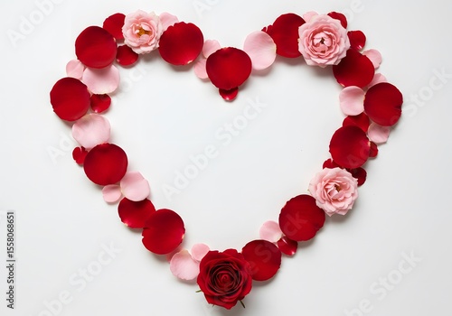 Romantic Rose Petals Arranged in a Heart Shape on White Background: Valentines Day Concept