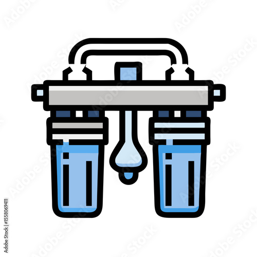 Two stage water filter system with drop. Urban water supply purification concept. Vector icon for infographic, app interface