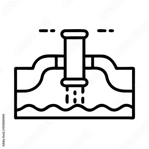 Water pipe system flushing liquid into a reservoir. Urban water supply and drainage concept. Vector icon for app, web or infographic