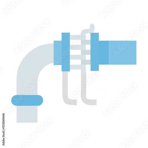Industrial pipe with flange and fittings, showcasing water supply system connection. Flat vector icon for engineering, plumbing design