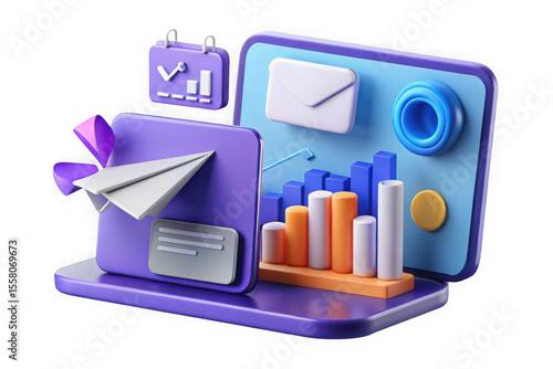 A 3d render of email marketing analytics with a paper plane, isolated on transparent background