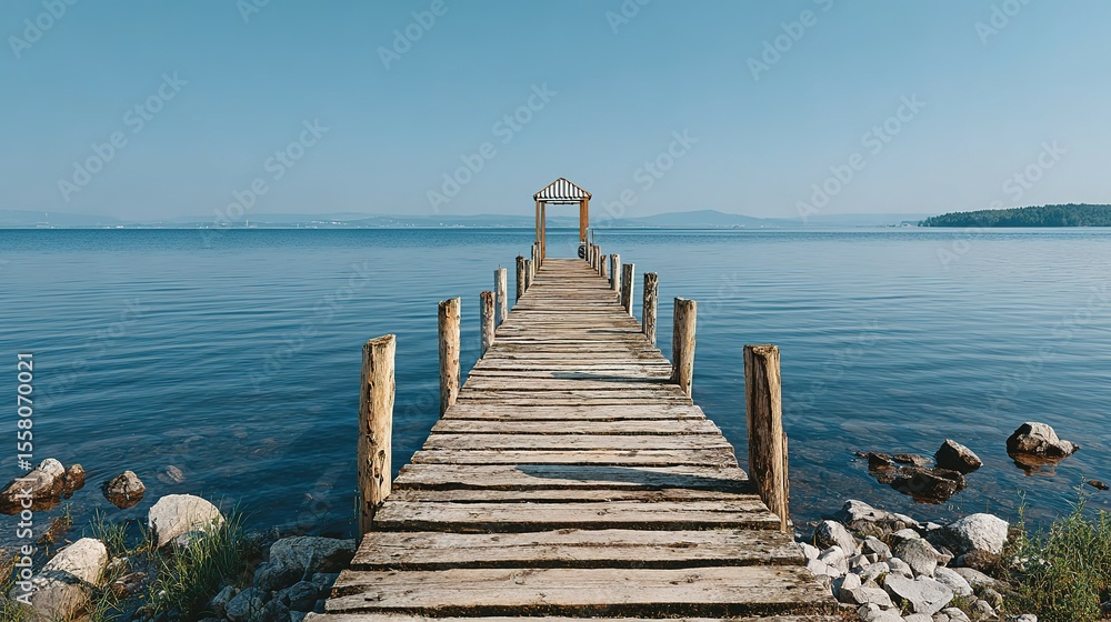 Fototapeta premium Wooden pier extending into a tranquil lake under a clear sky.
