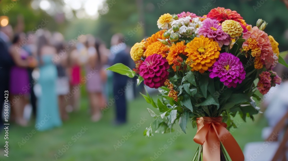 custom made wallpaper toronto digital12.A beautiful arrangement of colorful backyard flowers, including zinnias, marigolds, and cosmos, tied with a silk ribbon, with a blurred background of wedding guests.