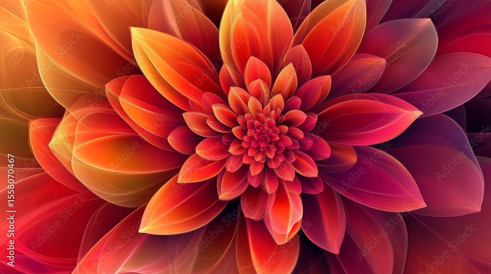 Obraz premium 17.A dynamic explosion of fiery colors forming a flower-like design, with deep pink, orange, and crimson tones rendered in sharp digital textures.