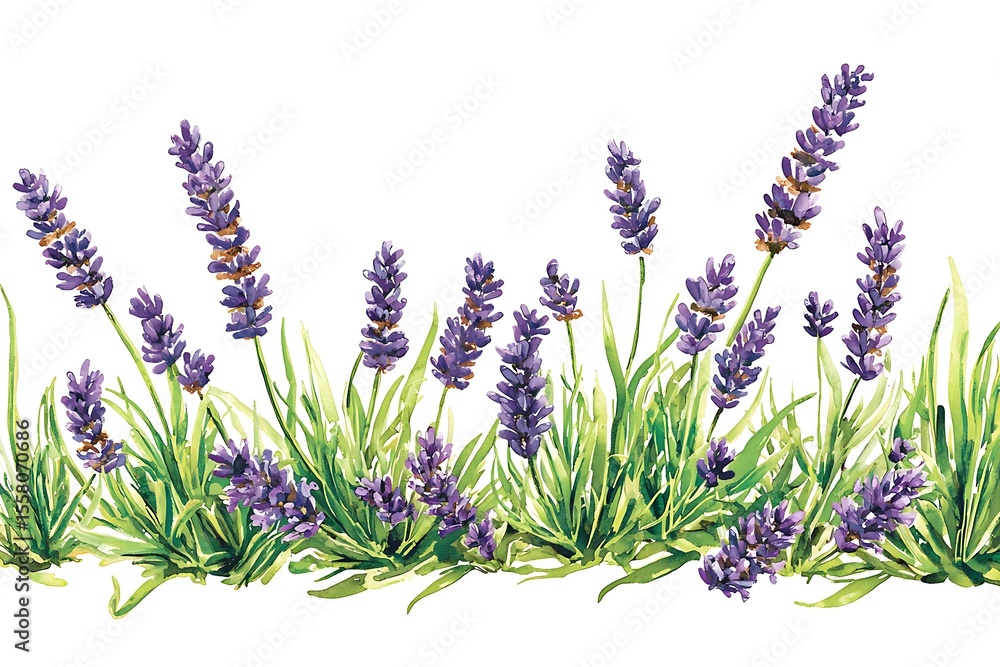 Obraz premium Beautiful watercolor illustration of lavender flowers with green grass and leaves arrangement