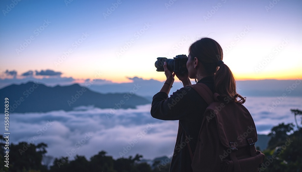 A woman stands on a grassy hill, capturing stunning cloud formations with her camera, her hair gently swaying in the breeze as she smiles. A woman stands on a grassy hill, capturing stunning cloud formations with her camera, her hair gently swaying in the breeze as she smiles.