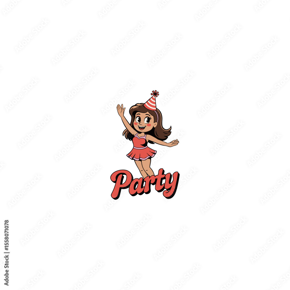 Obraz premium Party Girl Mascot Fun Celebration Cartoon Character for Events, Birthdays or Kids Brands