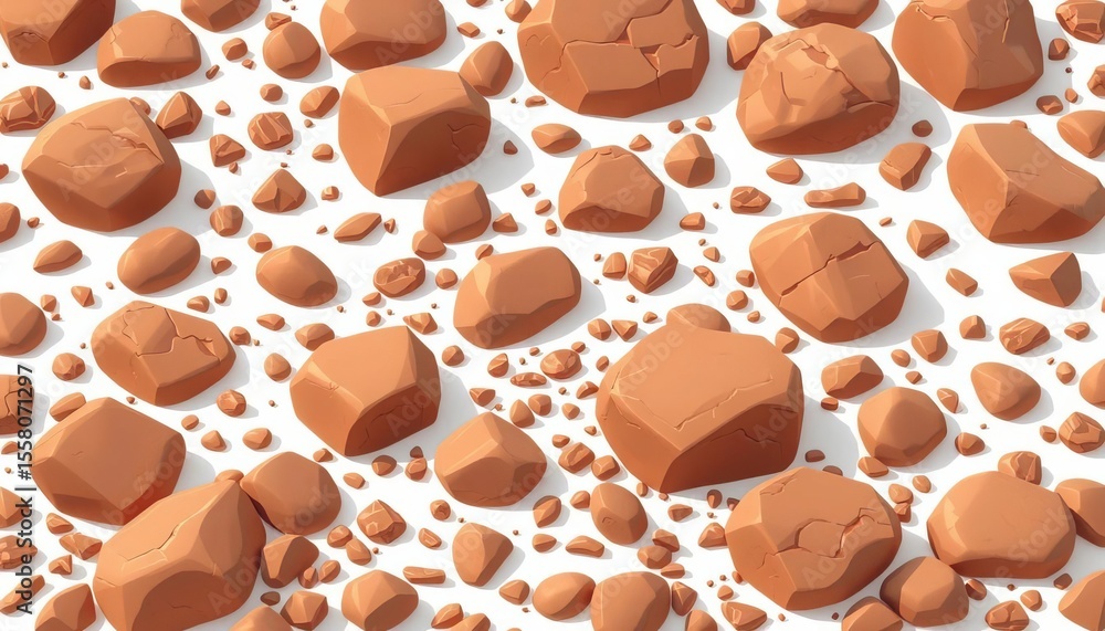 Fototapeta premium Cartoon brown rocks, boulders, gravel, and cobbles of various shapes, isolated on white Ideal for game design, animation, and illustrations, rubble, rocky