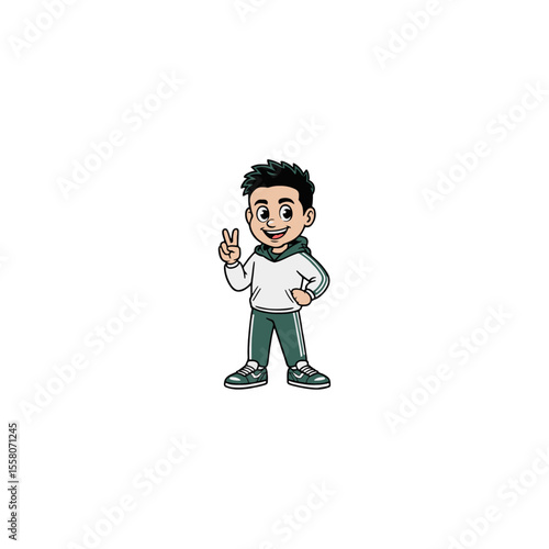 Smiling Peace Boy Logo Youth Mascot in Green Tracksuit for School or Sports Branding