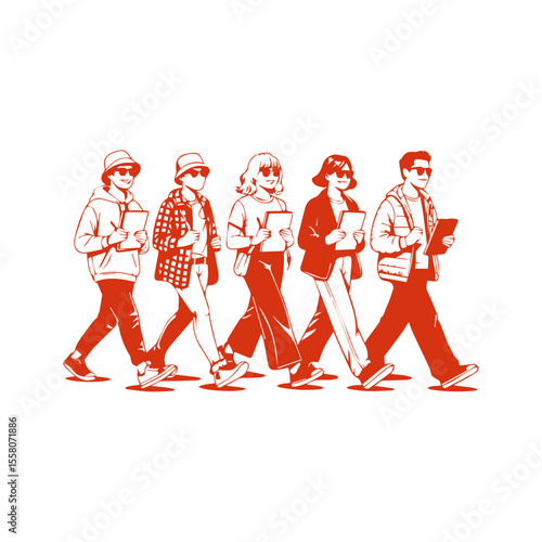 Stylish Youth Group Logo Red Urban Walk Crew for Trendy Fashion Brands