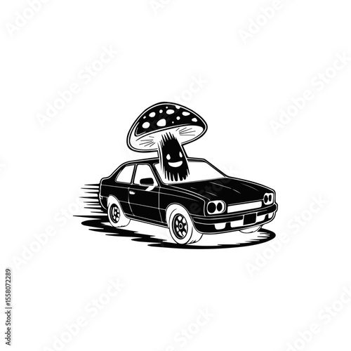 Mushroom Racer Logo Wacky Mushroom Character in Car for Gaming, Adventure or Fun Brands
