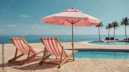 Wallpaper Mural Swimming Pool with Beach Umbrella and Lounge Chairs – Serene Vacation Setting with Clear Blue Water, Poolside Relaxation, and Summer Resort Aesthetic Torontodigital.ca